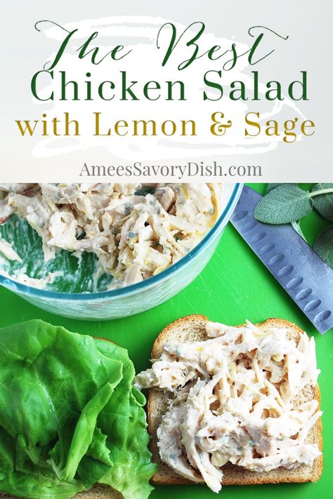 This flavorful lemon sage chicken salad recipe is fast and easy to make using pre-cooked shredded chicken, fresh lemon juice, slivered almonds, and chopped fresh sage leaves.  via @Ameecooks Fresh Sage Uses Recipe, Summer Sage Recipes, Recipes Using Sage Leaves, Recipes With Fresh Sage Leaves, Recipes Using Fresh Sage, Fresh Sage Uses, Recipes With Sage Leaves, Recipes Using Sage, Recipes With Fresh Sage