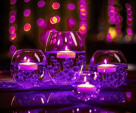 🌺 Impress your guests with the latest trend - floating purple beads and floating candles, adding a touch of romance and effortless elegance.  Make your loved ones feel special with these exquisite vase fillers. Share the festive atmosphere with your children, family, and friends. 💎Set #1 includes 210 purple beads.  💎Set #2 includes 210 purple beads + 3 underwater candles with remote control.  💎Set #3 includes 210 purple beads + 3 purple fairy lights.  💎Set #4 includes 210 purple beads + 3 f Shades Of Purple Party Theme, Royal Blue Purple And Silver Wedding, Purple Black And Blue Wedding, Purple Table Decor, Gold And Purple Wedding, Galaxy Centerpiece Ideas, Sweet 16 Purple Theme, Purple Floating Candles, Dark Purple Wedding Theme