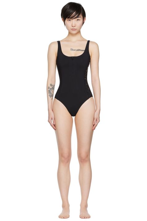 Moncler: Black Zip-Up One-Piece Swimsuit | SSENSE Bathsuits One Piece, Model Back Pose, Normal Poses Reference, Model Figure Pose, Female Model Pose Reference, Swimsuit Modeling Poses, Model Full Body Reference, Women Body Reference, Body Reference Female