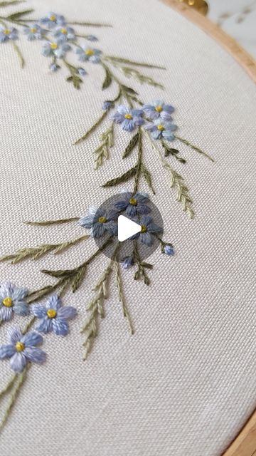 Aliaksandra Dzyachenka on Instagram: "Forget-me-notes. Embroidery process. I used three shades of blue thread here. It think that the flowers come out more alive this way😊. . Save or share if this video was useful for you. . . . PDF-pattern Forget-me-notes Wreath. Available on my Etsy-store. . . . #embroidery #embroiderypattern #dmcthreads #embroiderydesign" Embroider Forget Me Not, Stitched Flowers Embroidery, Blue Flower Embroidery Pattern, Embroidery Forget Me Not Tutorial, Embroidery Videos Stitches, How To Embroider Forget Me Nots, Embroidered Flower Wreath, Embroidered Forget Me Nots, Forget Me Not Crafts