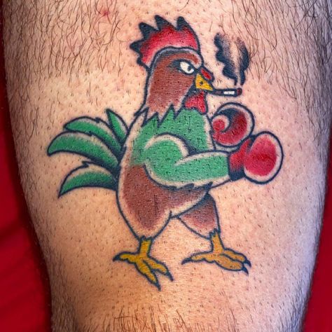 Rooster tattoo Roster Tattoos Traditional, Rooster Leg Tattoo, Rooster Tattoo Men, Roster Tattoos, Rooster Tattoo For Women, Rooster Tattoo Design, Boxing Gloves Tattoo, Boxer Tattoo, Fighter Tattoo