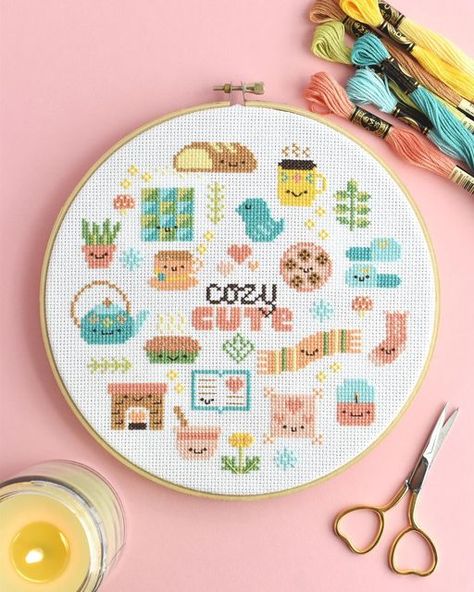 Mollie // Wild Olive on Instagram: "Want to stay home and enjoy that hygge life? My new cross stitch pattern Cozy Cute is available now and ready for you to stay home and stitch! Find it in my Etsy shop. You can stitch the mini motifs by themselves or all in a group like you see here! 🪡💕 #crossstitch #moderncrossstitch #crossstitchersofinstagram #pointdecroix #crossstitchlove #crossstitchpattern" Home Cross Stitch, Everything Cross Stitch, Kawaii Cross Stitch, Wild Olive, Hygge Life, Book Tracker, Vintage Cross Stitch Pattern, Small Cross Stitch, Cross Stitch Love