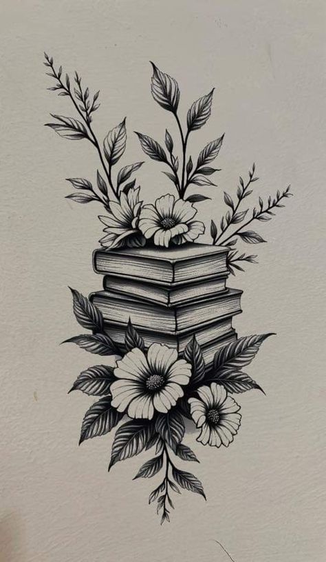 Old Books Tattoo, Thigh Book Tattoos Women, Floral Acotar Tattoo, Book And Feather Tattoo, Stack Of Book Tattoo Ideas, Read Tattoo Ideas, Cute Book Tattoos For Women, Evenstar Tattoo With Flowers, Book Design Tattoo