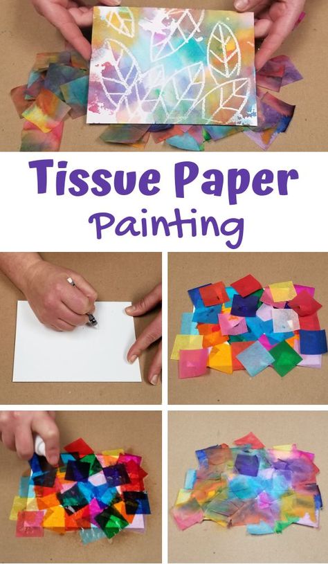 Create a canvas of color with this popular tissue paper painting activity! You may have also heard this method referred to as bleeding tissue paper art or tissue paper transfer art. We’ve created a fun craft pack that combines crayon resist with tissue paper art. #bleedingtissuepaper #tissuepapercrafts #tissuepaperpainting #transferart Cool Art Projects For Preschoolers, Painting For Elementary Students, Tissue Bleed Art, Small Group Art Projects, Activities With Tissue Paper, Fun Art Projects For Preschoolers, Art Projects With Tissue Paper, Collage Preschool Activities, Arts And Crafts For Third Grade