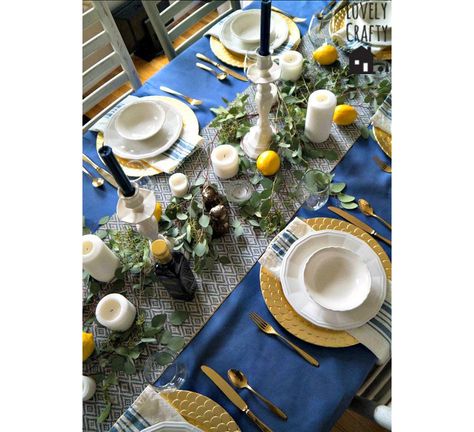 Lovely Crafty Home Greek Inspired Dinner, Greek Party Decorations, Greek Party Theme, Mediterranean Party, Greece Party, Mediterranean Table, Greek Dinner, Greek Christmas, Dinner Party Table Settings