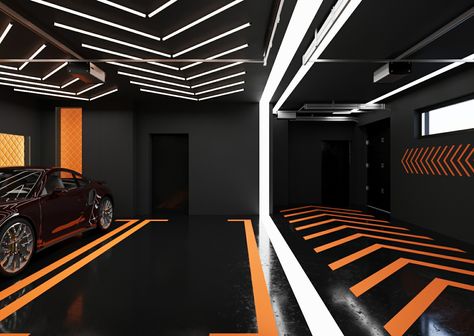 black&orange interior garage Black And White Garage, Black House Interior, Garage Furniture, Cool Garages, Garage Style, Garage Door Design, Furniture Cabinet, Orange Interior, Golf Car