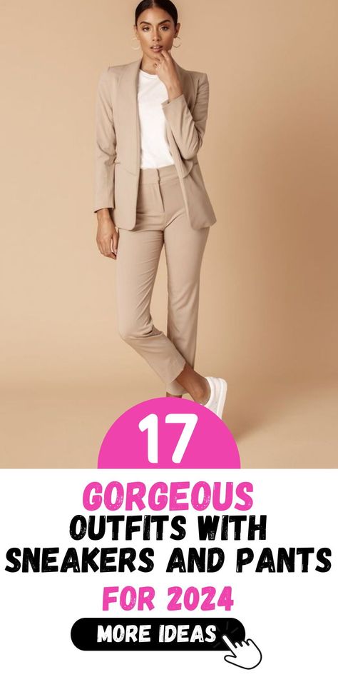 Make a fashion statement with our selection of 17 outfits showcasing sneakers and pants in 2024. Whether you're going for a casual or dressed-up look, pairing sneakers with pants creates a modern and stylish outfit. From denim jeans to elegant satin trousers, our curated collection offers options for every occasion. Explore our range and redefine your wardrobe today. Slacks And Tennis Shoes Women, Women’s Workwear With Sneakers, White Sneakers Professional Outfit, Dressing Up Sneakers For Work, Work Pants With Tennis Shoes, Business Sneaker Outfit, Womens Suits With Tennis Shoes, Conference Outfits Women Sneakers, Sneakers With Work Clothes