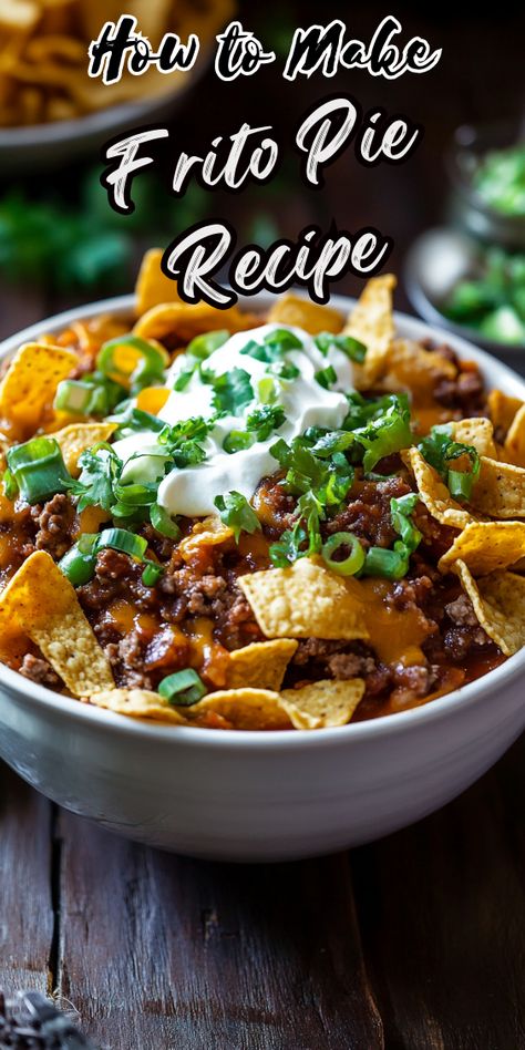 Frito Pie Recipe Chilli Frito Pie Recipe, Frito Pie Casserole, Mexican Casseroles, Frito Pie Recipe, Tasty Meatloaf Recipe, Frito Chili Pie, Pizza Grilled Cheese, Frito Pie, Taco Pie