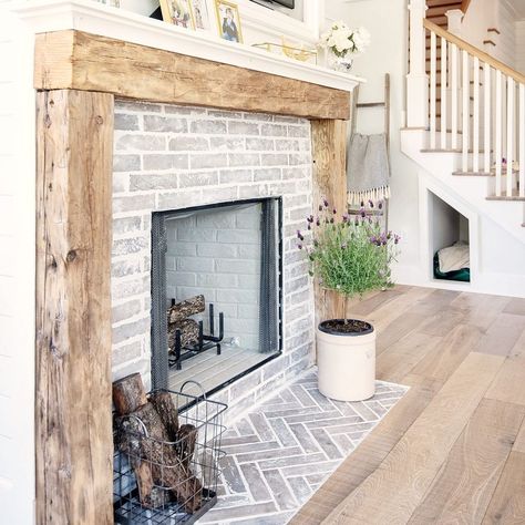 Grey Wash Brick, Wash Brick Fireplace, Herringbone Fireplace, White Wash Fireplace, White Wash Brick Fireplace, Hearth Tiles, White Brick Fireplace, Brick Hearth, Brick Look Tile