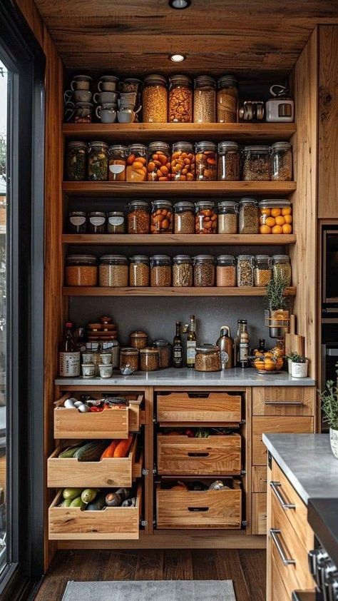 Log Cabin Pantry, Kitchen Living Design, Food Storage Design, Dark Cottage Kitchen Ideas, Rustic Living Room Aesthetic, Custom Pantry Cabinets, Small Cabin Dining Room, Rustic Kitchen Interior, Where To Put Things In Kitchen