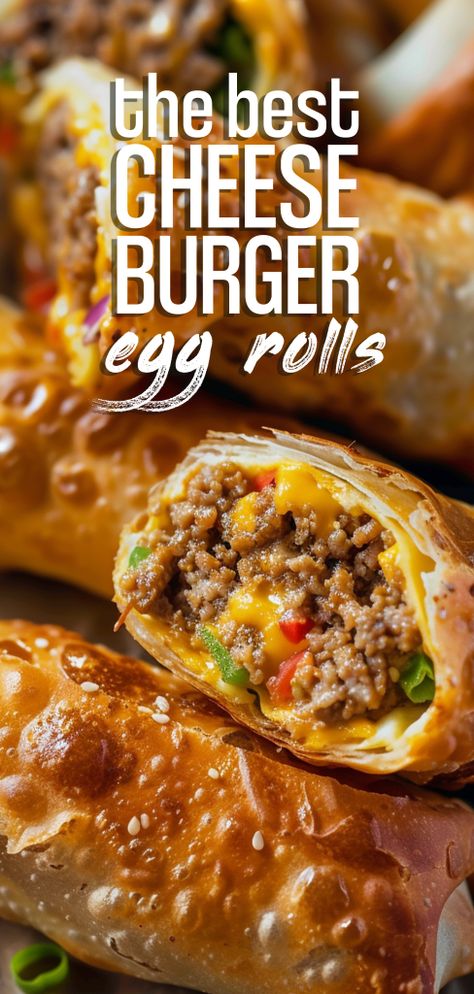 Cheeseburger Egg Rolls [30 Minutes] – Chasety Egg Roll Recipes Ground Beef, Something To Cook For Dinner, Cheeseburger Egg Roll Recipes, Cheesy Beef Egg Rolls, Food Ideas Ground Beef, Hamburger Wonton Recipes, Meal Ideas For Ground Beef, Bomb Dinner Recipes, Hamburg Dinner Ideas