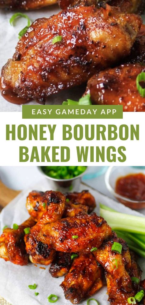 Sweet, savory, and sticky, these honey bourbon chicken wings are the perfect appetizer or party snack! Glazed with a rich honey bourbon sauce, these wings have a delicious balance of sweetness and a hint of smokiness. Whether you're hosting game day or simply craving a flavorful bite, this easy-to-make recipe will be a hit with everyone. Serve them up for an irresistible dish that's finger-licking good! Bourbon Wings, Whiskey And Wings Party, Bourbon Garlic Wings, Bourbon Party Appetizers, Korean Wing Sauce, Thanksgiving Chicken Wings, Bourbon Chicken Wings, Bourbon Wing Sauce, Easy Chicken Wings Recipe