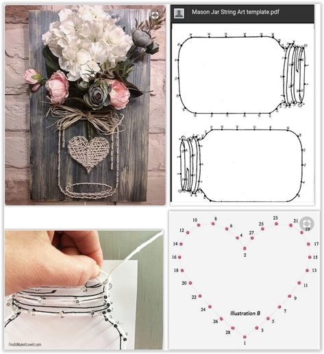 Mason Jar String Art With Flowers, Raffia & A Heart ... using twine, string, yarn or embroidery thread to create a mason jar sign. Drill the holes first, then hammer in the nails for straight, even lines ...................................... #DIY #masonjar #mason #jar #stringart #sign #template #flowers #raffia #nails #string #twine #yarn #embroiderythread #decor #crafts فن الرسم بالمسامير, Raffia Crafts, Mason Jar String Art, Nail String, String Art Templates, Nail String Art, Embroidery Hearts, String Art Patterns, String Art Diy