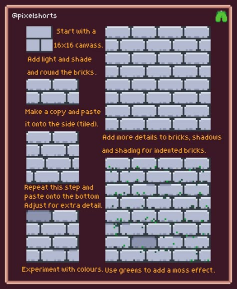 Bricks (Pixel art tutorial techniques) Pixel Art Texture Tutorial, Top Down Pixel Art Tutorial, Pixel Art Tileset 16x16, Shading Pixel Art, Pixel Art Brick Wall, Brick Pixel Art, Learn Pixel Art, Game Assets 2d Pixel Art, Pixel Art Techniques