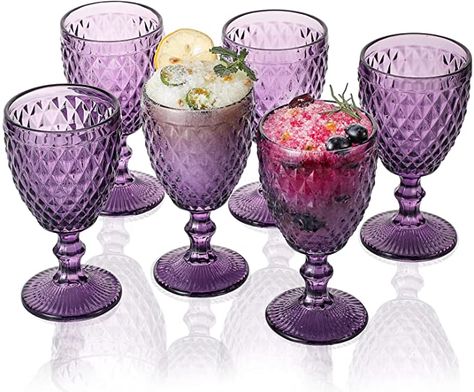 Amazon.com | EVEREST GLOBAL Light blue Glass Goblet Set of 6 Wine Glasses, 10 oz with Diamond Pattern, Embossed High Clear Glassware for Party and Wedding: Wine Glasses Walmart Pink Goblets, Plastic Purple Wine Glasses, Clear Glassware, Purple Glassware Vintage, Retro Glassware Purple Juice Glass, Glass Goblets, Crystal Goblets, Vintage Drinking Glasses, Geometric Diamond Pattern