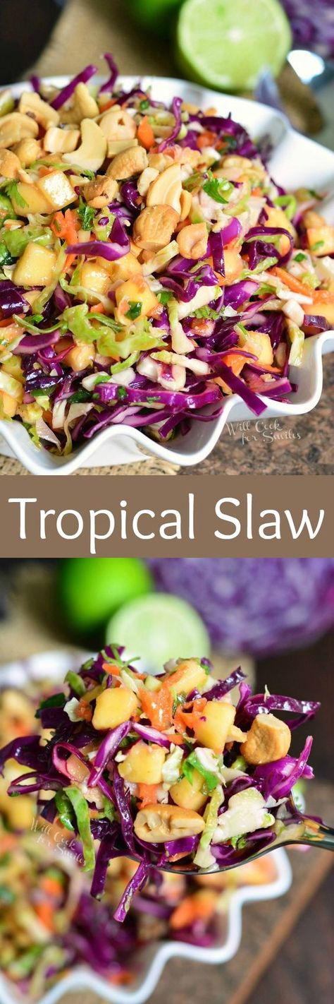 Tropical Slaw Recipe, Tropical Sandwiches, Healthy Side Salads For Bbq, Asian Bbq Sides, Spring Bbq Food, Bbq Side Salads Summer, Low Calorie Bbq Side Dishes, Tropical Pasta Salad, Tropical Bbq Party