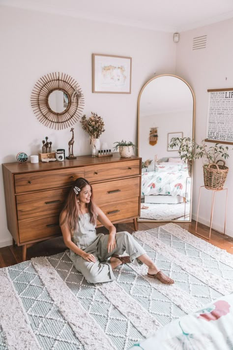 Bedroom update: The Arched mirror of my Pinterest dreams - Connie and Luna Simple Modern Boho Bedroom, Condo Bedroom, Bedroom Updates, Bed Design Modern, Arched Mirror, Dream Place, Casa Vintage, Laguna Niguel, Dekorasi Kamar Tidur