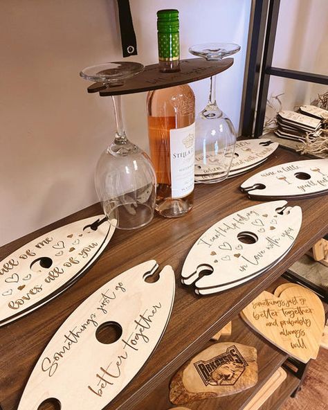 Wine Bottle Wood Holder, Wood Wine Caddy, Wine Wood Holder, Wine Glass Caddy, X Tool Projects, Wine Glass Gift Ideas, Cricut Wood Projects, Wine And Glass Holder, Wooden Gift Ideas