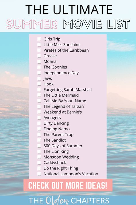 This ultimate summer movies list is filled with films you can't miss this year! Perfect to add to your must watch list and enjoy during your next summer movie night. You can even use this list to start your own summer movie bucket list! Pin now and add these summer movies to watch to your list today! #movielist #moviebucketlist #movies Summer Movies To Watch List, Popular Movies List, Summer Movie Bucket List, Summer Movie Watch List, Summer Films To Watch, Feelgood Movie List, Movies To Watch This Summer, Summer Series To Watch, Adventure Movies List