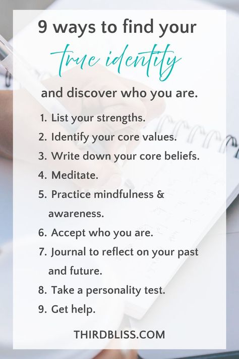 9 ways to find your true identity so you can discover who you truly are, like writing in a journal to get to know yourself better. Finding Your Identity, Identity Quotes, Coaching Questions, Losing 40 Pounds, Identity Development, Identity Crisis, Self Care Bullet Journal, Finding The One, Writing Therapy