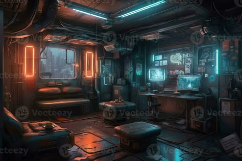 Futuristic guy room in cyberpunk dystopia concept art illustration. AI Generated Cyberpunk Hideout Concept Art, Cyberpunk Interior Concept Art, Robot Environment Concept Art, Sci Fi Room Concept Art, Cyberpunk Interior Design Concept Art, Sci-fi Room, Dystopia Concept Art, Cyberpunk Environment Concept Art, Cyberpunk Lab