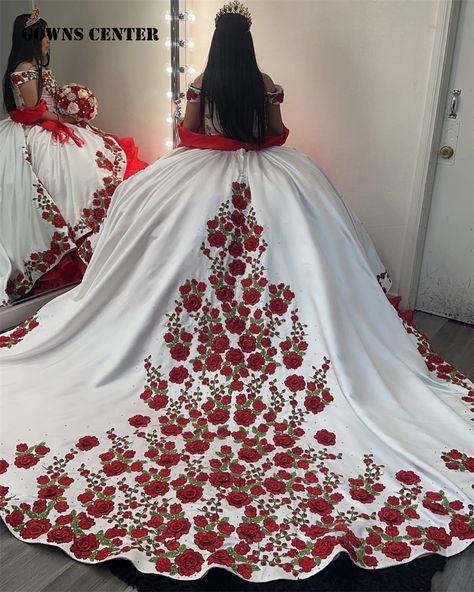 Red Roses Embroidery White Satin Quinceanera Dress 2024 Ball Gown Charro Mexican Dress Off The Mariachi Quinceanera Theme, Red And White Quinceanera Theme, White Charro Quinceanera Dresses, Red And Black Quinceanera Theme, Red And White Quinceanera Dresses, Mexican Inspired Wedding Dress, Red Charro Quinceanera Dress, Western Quinceanera Ideas, Satin Quinceanera Dress