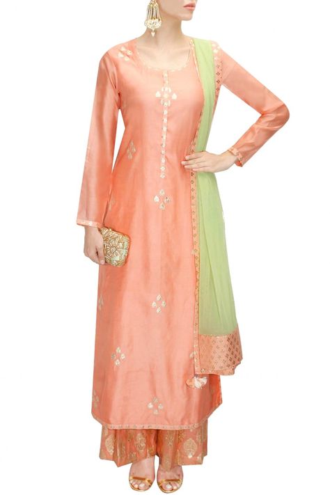 Dhaka Pajama -Peach and mint green gota patti work kurta set available only at Pernia's Pop-Up Shop. Couture, Haute Couture, Amrita Thakur, Gota Patti Work, Classic Wear, Indian Designer Suits, Printed Kurti, Dresses Indian, Indian Suits