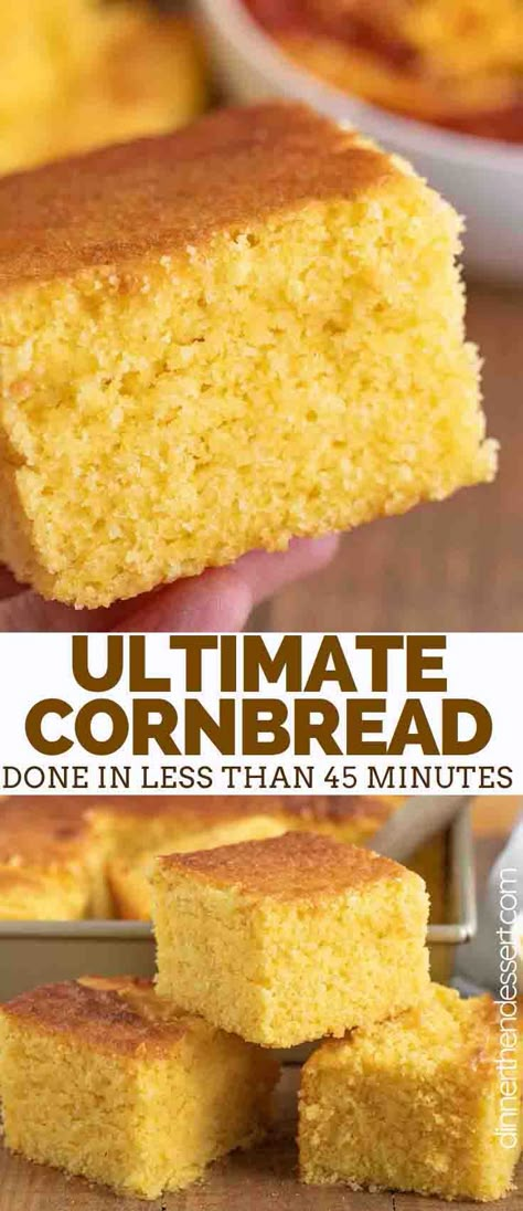 Ultimate Cornbread is incredibly EASY to make, made with cornmeal, flour, and sugar. It's sweet, savory, and ready in under 45 minutes! #easy #sweet #corn #cornbread #homemade #fromscratch  #dinnerthendessert Cornbread Dinner, Fluffy Cornbread, Cornmeal Recipes, Cornbread Recipe Sweet, Vegan Cornbread, Moist Cornbread, Cornbread Recipes, Homemade Cornbread, Drink Inspiration