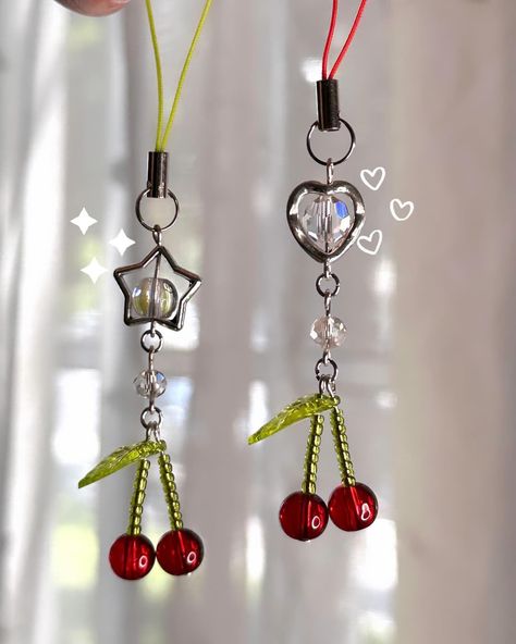 freshly harvested🍒✨ mini cherry phone charms Beaded Gifts Diy, Cherry Phone Charm, Keychain Making Ideas, Phone Charms Diy, Glasses Charms, Cute Keychain Ideas, Cherry Accessories, Cherry Beads, Cute Phone Charms