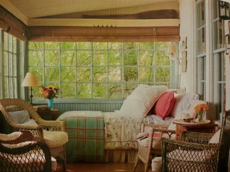 I've always wanted a sleeping porch with privacy and incredible views.  This one is a bit too cluttered but looks comfy. Porch Bed, Beautiful Bedroom Designs, Sleeping Porch, Building A Porch, Sun Porch, House With Porch, Decks And Porches, Screened In Porch, Screened Porch