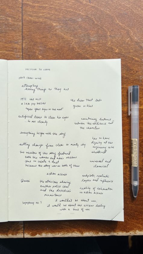 Park Chan-wook, film, cinema, note-taking Notes On Books, Notebook Aesthetic, Decision To Leave, Journal Inspiration Writing, Film Cinema, Commonplace Book, Writing Therapy, Taking Notes, Books Reading