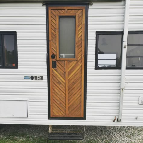 Y'all....these doors!!!😍 . . I shouldn't be surprised that @timmynice52 would do amazing carpentry work on this exterior. But I'm still… | Instagram Camper Door Remodel, Painted Trailer Exterior, Diy Camper Door Replacement, Trailer Door Makeover, Camper Makeover Ideas Diy, Rv Door Ideas, Camper Door Ideas, Diy Rv Door, Painted Rv Exterior