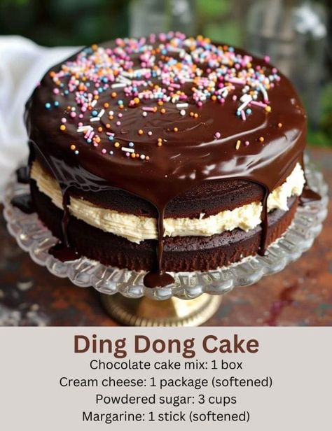 Ding Dong Cake Ding Ding Cake Recipe, Chocolate Ding Dong Cake Recipe, Ding Dong Cake Filling, Ding Dong Cake Recipe Box Cake, Easy Ding Dong Cake, Ding Dong Cake Recipe Easy, Ding Dong Bundt Cake, Peanut Butter Brownie Trifle, Ding Dong Cake Recipe