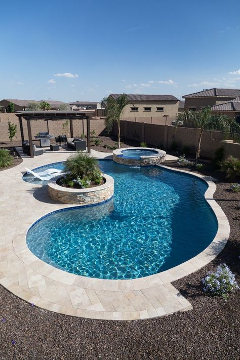 StoneScapes Mini Pebbles Aqua Blue Mini | Pool Finishes Travertine Pool Decking, Pool Patio Designs, Pool Tile Designs, Blue Haven Pools, Inground Pool Landscaping, Beach Entry Pool, Dream Backyard Pool, Ocean Pool, Travertine Pool