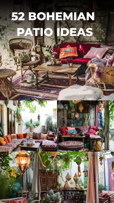 Explore an array of bohemian patio ideas to transform your outdoor space into a serene oasis, whether you have a small apartment balcony or a spacious backyard. Discover budget-friendly decor tips, vintage furniture inspiration, and unique plant arrangements to create the perfect boho patio retreat. Incorporate brown wicker furniture for that earthy touch or design a cozy covered patio with colorful textiles and lush greenery. Elevate your outdoor living experience with these bohemian patio desi Boho Backyard Patio, Boho Patio Ideas Outdoor Spaces, Bohemian Patio Ideas, Bohemian Patio Furniture, Bohemian Outdoor Spaces, Bohemian Porch, Boho Corner, Patio Retreat, Patio Decorating Ideas Boho