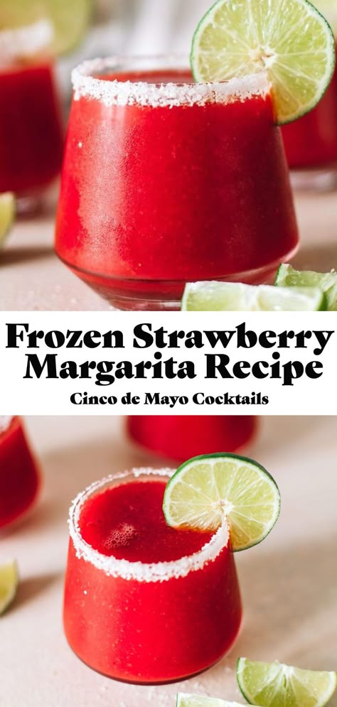 This Frozen Strawberry Margarita recipe is SO addicting for Cinco de Mayo, each sip is incredibly smooth and filled with bright strawberry flavor with the most subtle hint of tequila. They truly taste like an adult summer slushy and they’re made with only four simple ingredients (you won’t find a can of limeade here!) and under 200 calories a serving! Strawberry Margarita Mocktail Recipe, Alcohol Drink Recipes For A Party, Drinks Alcohol Recipes Margaritas, Pitcher Strawberry Margarita Recipe, Blended Strawberry Margarita Recipe, Cinco De Mayo Margarita Ideas, Simple Strawberry Margarita Recipe, Premade Margarita Recipe, Raspberry Margarita Recipe Frozen