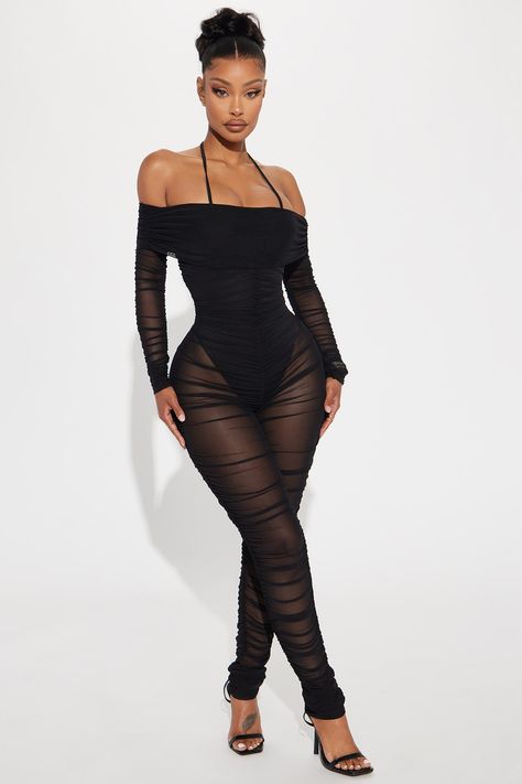 Available In Black And White. Mesh Jumpsuit Long Sleeve Off Shoulder Tie Halter Bodysuit Lining Ruched Legging Stretch Final Sale Shell/ Lining: 95% Polyester 5% Elastane Imported | Highly Favored Mesh Jumpsuit in Black size XS by Fashion Nova Mesh Jumpsuit Outfit Black, Mesh Jumpsuit Outfit, Jumpsuit Outfit Black, Highly Favored, Jumpsuit Long Sleeve, Ruched Leggings, Mesh Jumpsuit, Jumpsuit Long, Halter Bodysuit