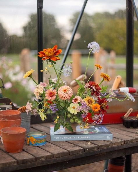 Bloom & Burn on Instagram: "Blooms from my garden and some beauties from @wolveslaneflowercompany that I brought back from a workshop to celebrate their new book. How to Grow the Flowers is my new garden companion and is going to live on the potting table. A beautiful, informative guide to growing flowers whatever size of garden you have. Well done Marianne and Camila ❤️" Garden Flower Arrangements, Roadside Stand, Wildflower Centerpieces, Bright Wedding Colors, Potting Table, Summer Garden Wedding, Fall Florals, Flower Tree, New Garden