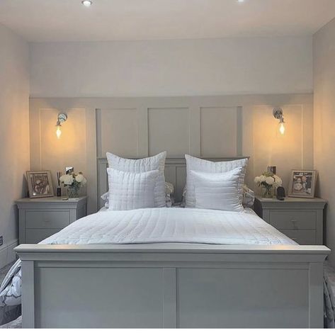 Dark Grey Bedroom Panneling, Grey Panelled Bedroom, Panelled Feature Wall Bedroom, Small Bedroom Panelling Ideas, Bedroom Panelling Colour Ideas, Grey Panelling Bedroom, Paneled Walls Bedroom, White Room Decor Bedroom, Small Double Bedroom