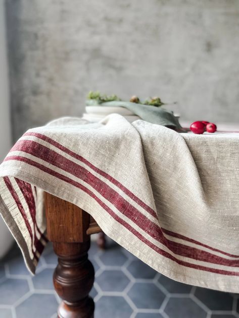 Rustic Natural Linen Tablecloth in Blue,black, Green and Red Stripes/grain Sack Linen Tablecloth/linen Farm Style Tablecloth/free Shipping - Etsy UK French Country Pillows, Natural Linen Tablecloth, Striped Cushions, Grain Sack, Farm Style, European Linens, Linen Set, Green And Red, Lithuania