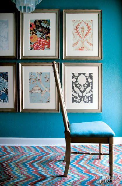 Framed wallpaper samples - great idea!  Atlanta Homes and Lifestyles magazine designer Brian Patrick Flynn Chinoiserie Dining Room, Diy Chinoiserie, Inexpensive Art, Creative Wall Decor, House Of Turquoise, Blue Room, Framed Wallpaper, Atlanta Homes, Up House