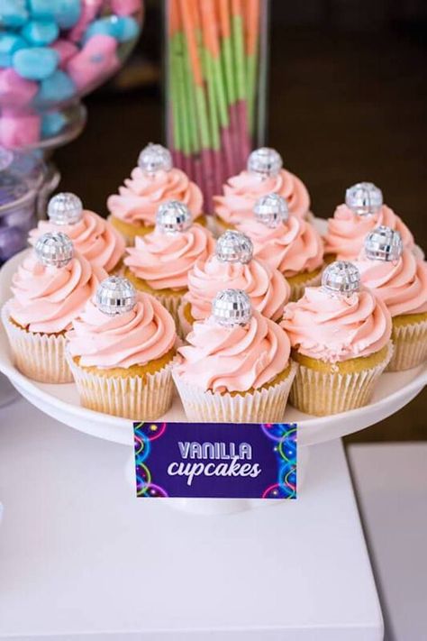 Dance Party Cupcakes, Disco Ball Party Food, Last Disco Birthday Party, Disco Ball Birthday Party Ideas, 70th Disco Birthday Party Ideas, Pink Disco Cupcakes, Food For Disco Party, Disco Party Cupcakes, 70s Cake Ideas Disco Party