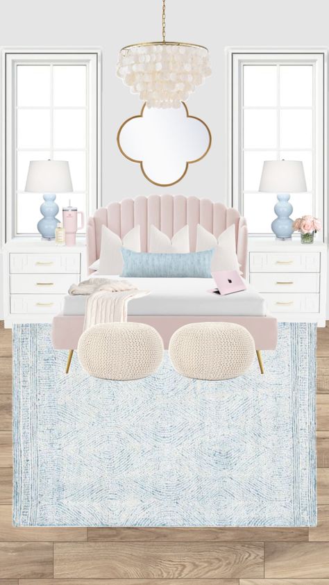 Preppy Aesthetic Bedroom, Pink And Blue Room, Neutral Bedrooms With Pop Of Color, Preppy Bedroom Ideas, Baby Blue Bedrooms, Light Pink Rooms, Light Blue Rooms, Blue Girls Rooms, Girls Blue Bedroom