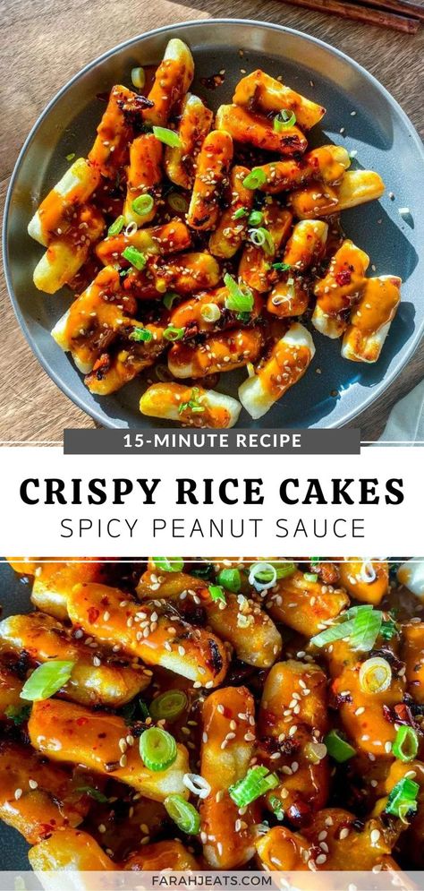 Top photo is of crispy rice cakes with spicy peanut sauce, served in a blue plate and garnished with green onions and sesame seeds. Next to the plate is a pair of wooden chopsticks. The bottom photo is a close up of the rice cakes. Crispy Tteokbokki, Crispy Korean Rice Cake, Rice Cake Sticks, Korean Rice Cake Sauce Recipe, Crispy Rice Cakes Korean, How To Cook Rice Cakes, Recipe With Rice Cakes, Things To Do With Rice Cakes, Asian Rice Cakes