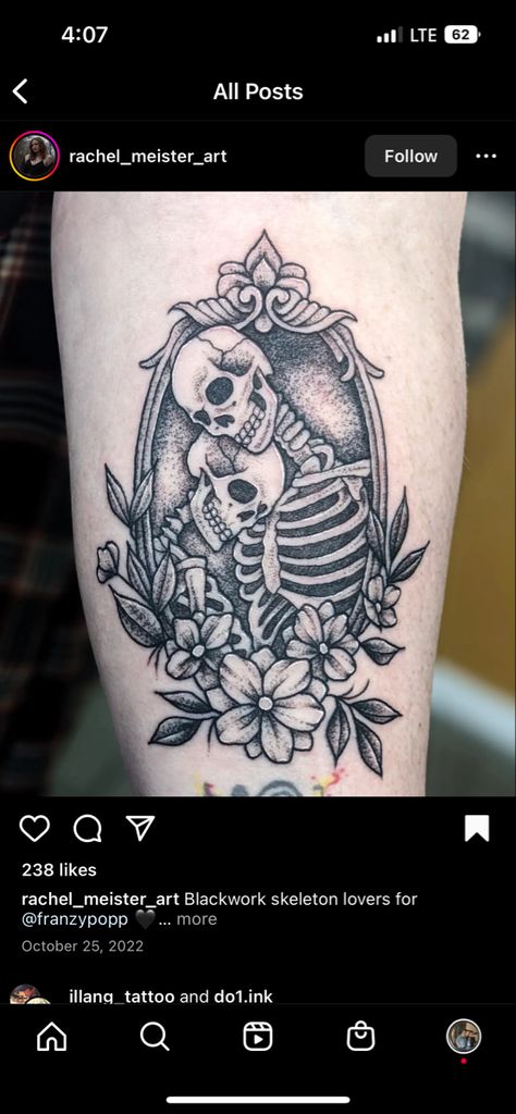 Tattoo With Frame, Skeleton Lovers Tattoo, Lovers Tattoo, Skeleton Lovers, Private Tattoos, Skeleton Tattoo, Framed Tattoo, Skeleton Tattoos, Tattoos For Lovers