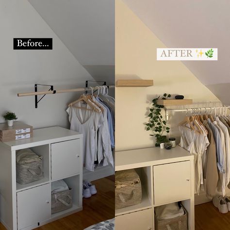 Mulig Clothes Bar, Ikea Kallax Inserts, Kallax Inserts, Lack Wall Shelf, Closet On A Budget, Clothes Bar, Angled Wall, Open Closet, Ikea Kallax