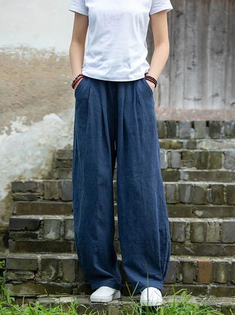 Vintage Loose Solid Color Casual Lantern Pants Loose Linen Pants, Chino Pants Women, Womens Chinos, Natural Linen Fabric, Linen Trousers, Vintage Casual, Type Of Pants, Green Dark, Pants Color