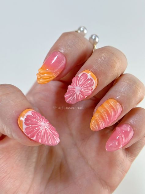 Grapefruit Press on Nails, Fruit Press Ons, Summer Fake Nails, Almond Short Nails, Handmade Press Ons - Etsy Pink Grapefruit Nails, Orange Fruit Nails, Grapefruit Nails, Nail Inspo Short Nails, Almond Short Nails, Nails Almond Short, Nails Fruit, Fake Nails Almond, Preppy Nails