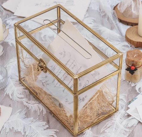 NCYP Glass Wedding Card Box with Slot - 25x14.2x19.6 CM - Rectangle Gold Clear Card Holder Box for Reception, Birthday Party, Wish well, Centerpiece - Vintage Terrarium Gift (Glass Box Only) : Amazon.co.uk: Home & Kitchen Glass Wedding Card Box, Gold Card Box Wedding, Gold Card Box, Photo Storage Box, Terrarium Gifts, Birthday Party Card, Gift Table Wedding, Vintage Centerpieces, Card Box Holder