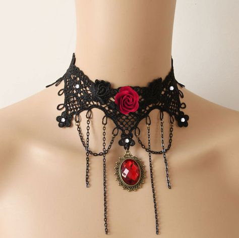 SWAROVSKI crystal Gothic party vintage red by whitegardenlace, $14.99 Punk Prom, Black Lace Choker Necklace, Gothic Choker Necklace, Crystal Princess, Black Lace Choker, Lace Choker Necklace, Goth Necklace, Girl Cosplay, Gothic Chokers